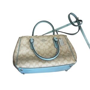Coach Signature Monogram Satchel Crossbody Bag Light Blue Trim
